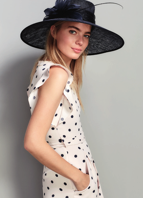 Clothing, White, Hat, Polka dot, Sun hat, Pattern, Headgear, Design, Photo shoot, Dress, 