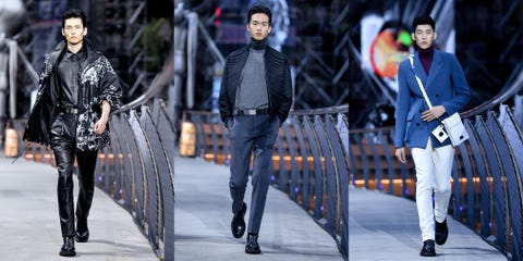 Fashion, Street fashion, Fashion model, Runway, Suit, Footwear, Human, Outerwear, Fashion show, Event, 