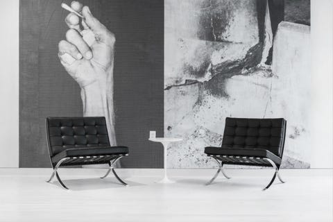 White, Black, Furniture, Chair, Black-and-white, Room, Wall, Interior design, Table, Design, 