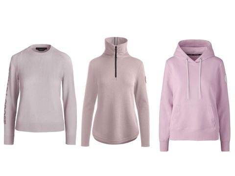 From left to right: Canada Goose Canada Goose Saturna Ladies Round Neck Sweater (Soft Pink) Canada Goose Canada Goose Fairhaven Ladies 14 Zipper Sweater (Soft Pink) Canada Goose Canada Goose Pastels Series Muskoka Ladies Hooded Sweater (Sunset Pink)