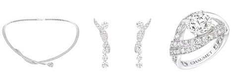 From left to right: chaumet liens karma·lifetime series 合·yuan theme platinum necklace chaumet liens karma·lifetime series 合·yuan theme platinum earrings chaumet liens karma·lifetime series 合·yuan theme platinum ring with diamonds