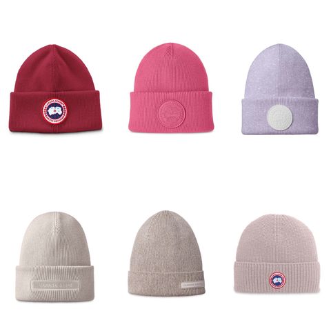From left to right: canada goose arctic disc toque hat (wild berry red) canada goose canada goose arctic disc ribbed piece dyed toque hat (peak powder) canada goose canada goose pastels series disc toque hat (lilac Purple) canada goose Canada goose classic tone badge beanie (soft powder) canada goose Canada goose light reflective cashmere toque (soft powder) canada goose Canada goose arctic disc ribbed toque (soft powder)