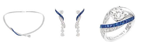 From left to right: chaumet liens Fate · Lifetime series Heyday theme platinum necklace with diamonds and sapphires chaumet liens Fate · Lifetime series Heyday theme platinum earrings with diamonds and sapphires diamond sapphire ring