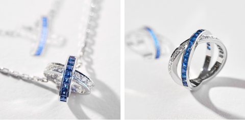 From left to right: chaumet liens Yuan Department·Lifetime Series Huan·Yuan Platinum and Diamond Sapphire Necklace (current reference price: ￥55,300) chaumet liens Yuan Department·Lifetime Series Huan·Yuan Platinum Diamond and Sapphire Ring (current reference price: ￥116,000 )