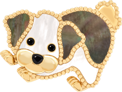 bichon frisé brooch 18k yellow gold, gray mother-of-pearl, white mother-of-pearl, onyx