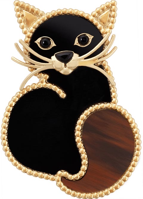 cat brooch 18k yellow gold, obsidian, onyx