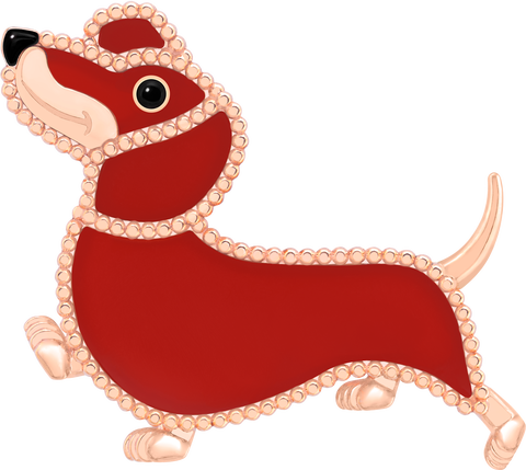 dachshund brooch 18k rose gold, carnelian, onyx