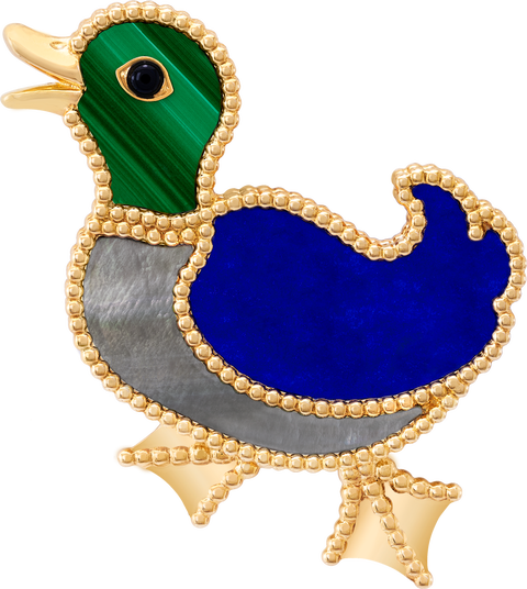 duck brooch 18k yellow gold, gray mother-of-pearl, malachite, lapis lazuli, onyx