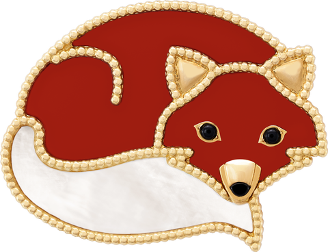 fox brooch 18k yellow gold, carnelian, white mother-of-pearl, onyx