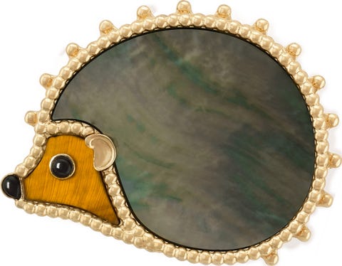 hedgehog brooch 18k yellow gold, gray mother-of-pearl, tiger's eye, onyx