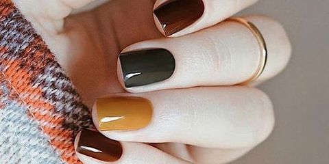 Nail polish, Nail, Finger, Manicure, Nail care, Cosmetics, Orange, Brown, Skin, Hand, 