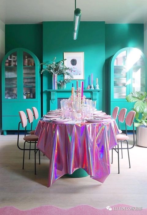 Turquoise, Pink, Tablecloth, Room, Dining room, Aqua, Table, Furniture, Turquoise, Interior design, 