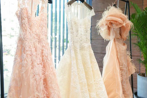 Dress, Clothing, Gown, Bridal party dress, Wedding dress, Pink, Bridal clothing, Yellow, Peach, Fashion, 
