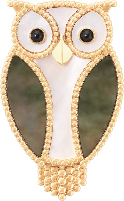 owl brooch 18k yellow gold, white mother-of-pearl, gray mother-of-pearl, onyx