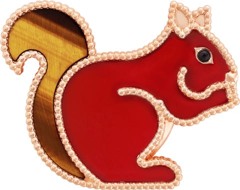 squirrel brooch in 18k rose gold, carnelian, tiger's eye, onyx