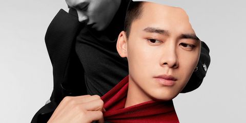 Red, Hairstyle, Shoulder, Cheek, Fashion, Forehead, Formal wear, Model, Neck, Photo shoot, 