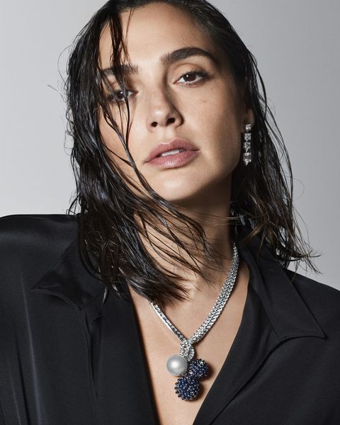 Gal Gadot wears botanica thistle thistle necklace and diamond earrings from Tiffany's 2022 blue book high jewelry collection
