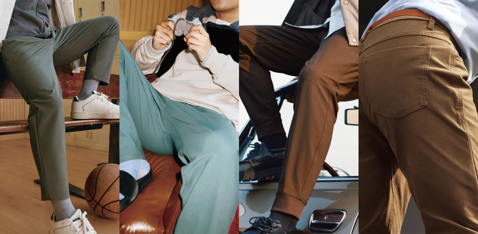 lululemon abc™ 男裤系列（从左至右）：abc™ 男士修身剪裁长裤28" warpstreme，abc™ 松紧腰男士长裤，abc™ 男士运动裤，abc™ 男士修身剪裁五袋款长裤32" utilitech