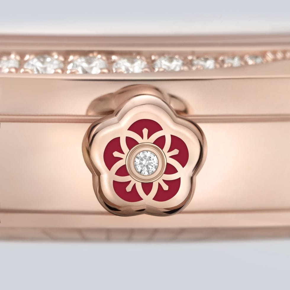 Red, Pink, Emblem, Furniture, Room, Ceiling, Fashion accessory, Table, Plant, Metal, 