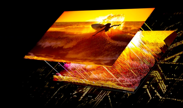 dynamic representation of a surfer riding a wave enhanced with vibrant colors and abstract visual elements
