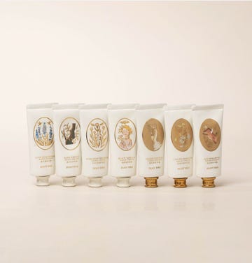 assortment of hand cream tubes with decorative labels