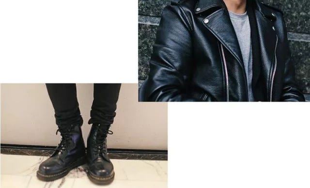 Leather, Clothing, Jacket, Leather jacket, Footwear, Outerwear, Shoe, Textile, Boot, Zipper, 