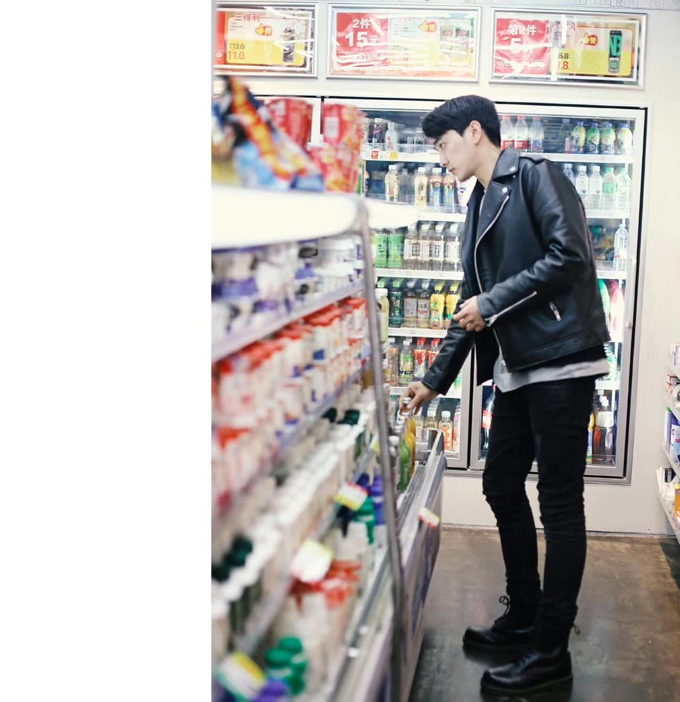Supermarket, Convenience store, Product, Snapshot, Retail, Grocery store, Jacket, Shopping, Outerwear, Street fashion, 