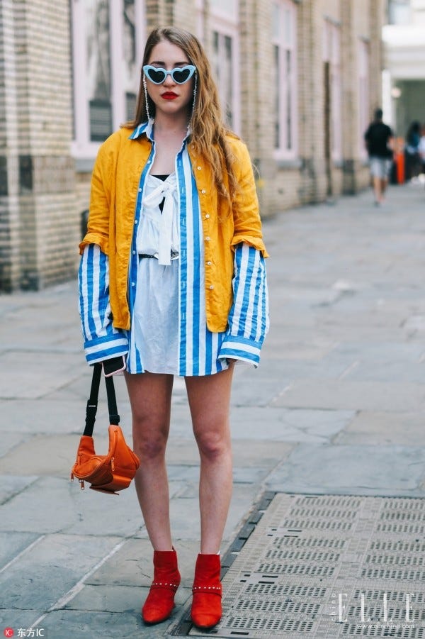 Clothing, Orange, Street fashion, White, Photograph, Yellow, Fashion, Blue, Electric blue, Footwear, 