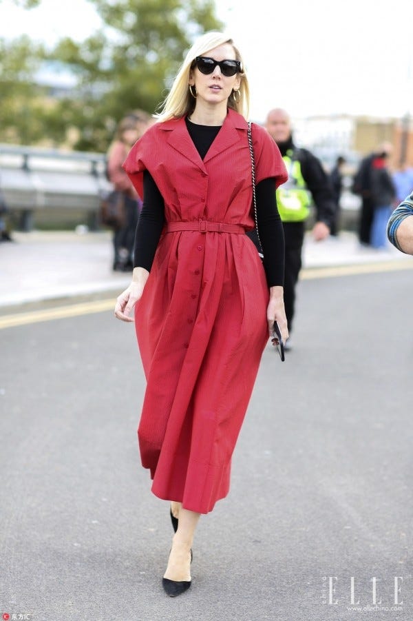 Clothing, Street fashion, Fashion, Red, Eyewear, Dress, Pink, Fashion model, Sunglasses, Footwear, 
