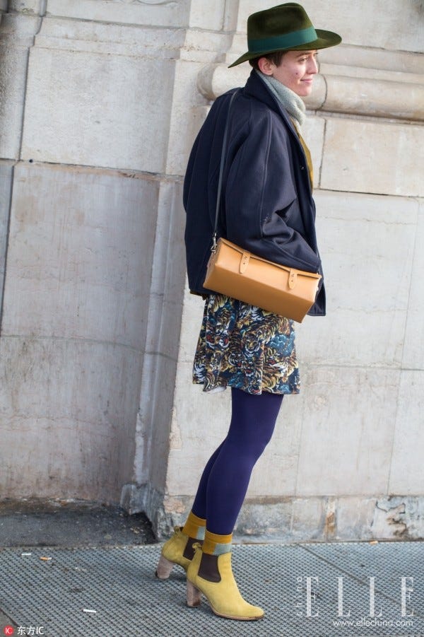 Street fashion, Clothing, Fashion, Footwear, Snapshot, Yellow, Shoe, Outerwear, Headgear, Tights, 