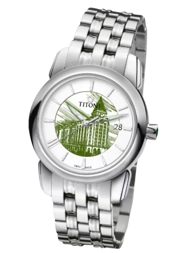 Analog watch, Watch, Watch accessory, Green, Fashion accessory, Silver, Brand, Font, Steel, Strap, 