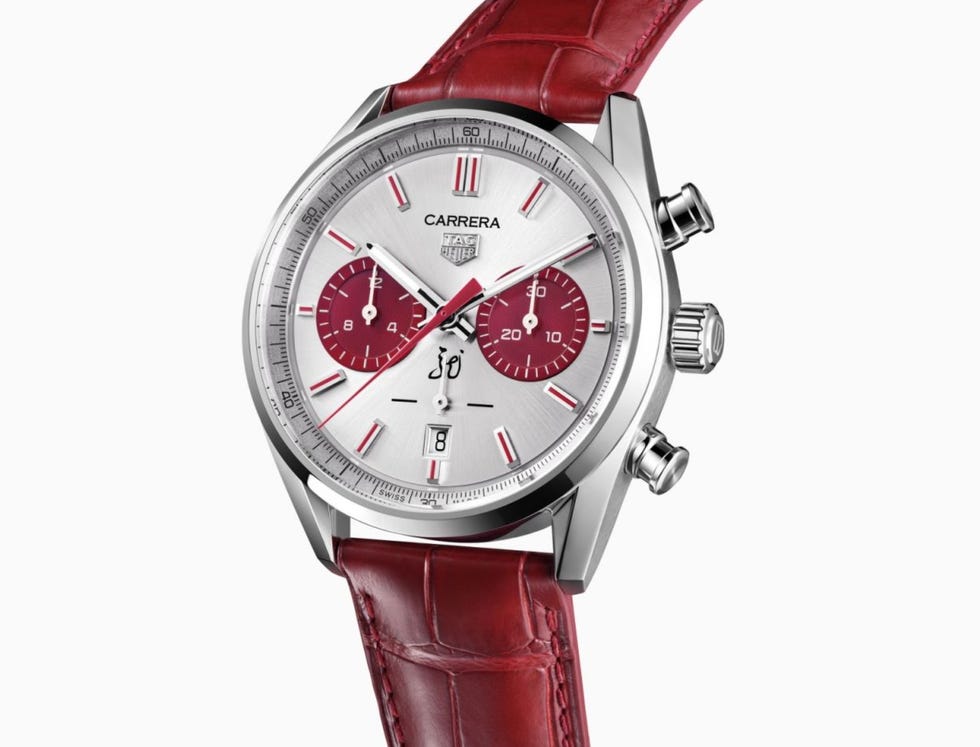 a red and white wrist watch