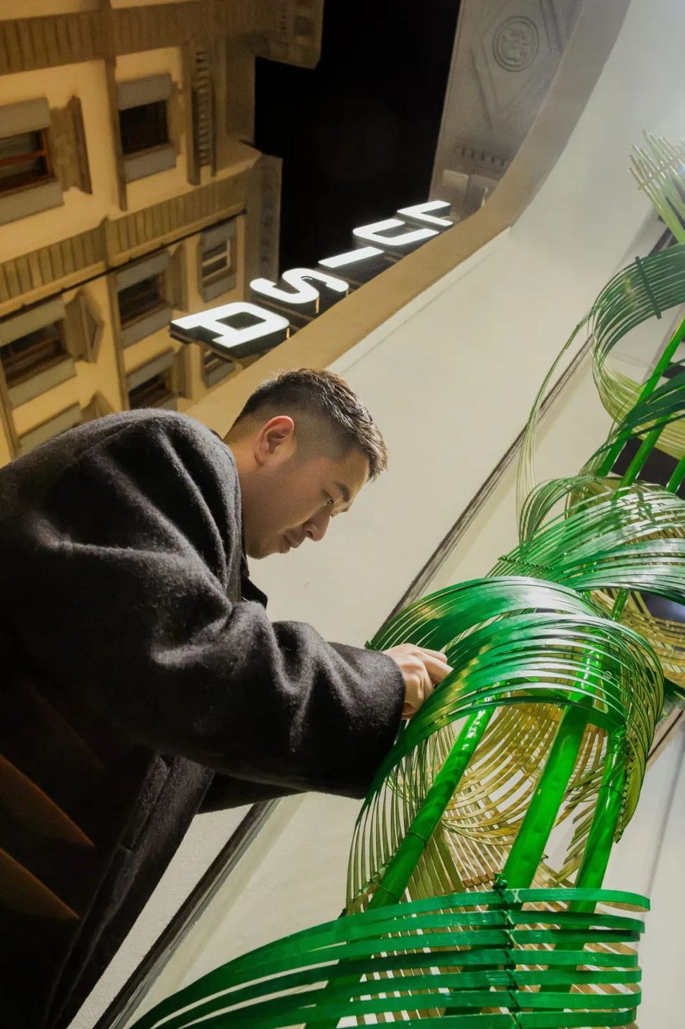 person arranging decorative green elements in a storefront at night