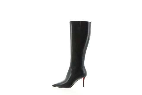 highheeled black kneehigh boot with a pointed toe