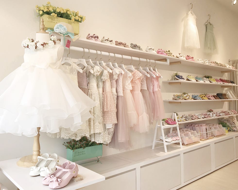 White, Pink, Shelf, Clothing, Dress, Product, Room, Furniture, Clothes hanger, Footwear, 