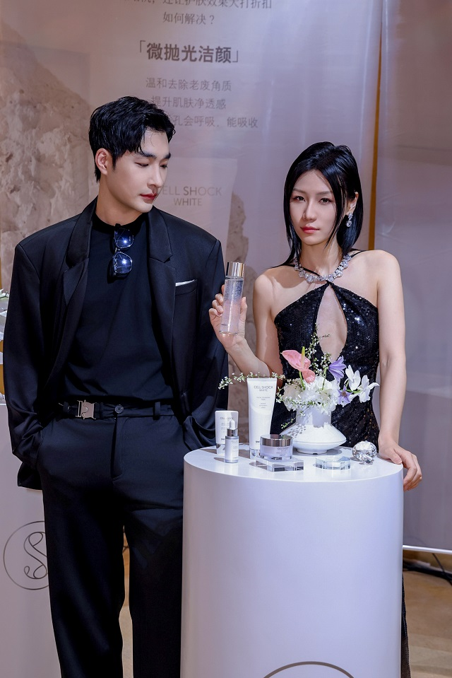 fashionable individuals promoting skincare products at an event