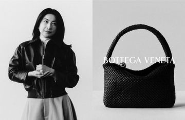 a woman in a leather jacket posing beside a bottega veneta handbag