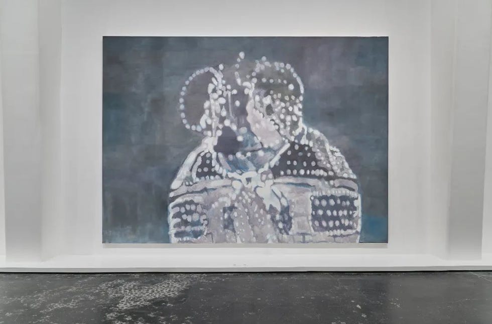 large abstract artwork depicting two figures in a soft color palette