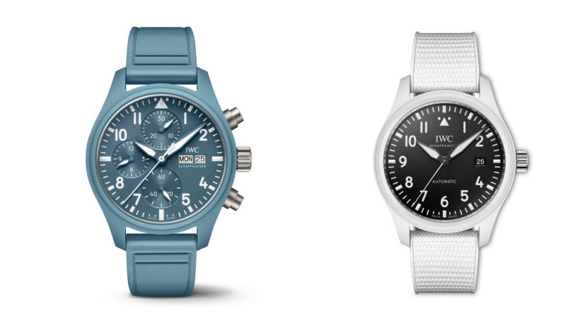 two iwc pilot watches side by side with different designs