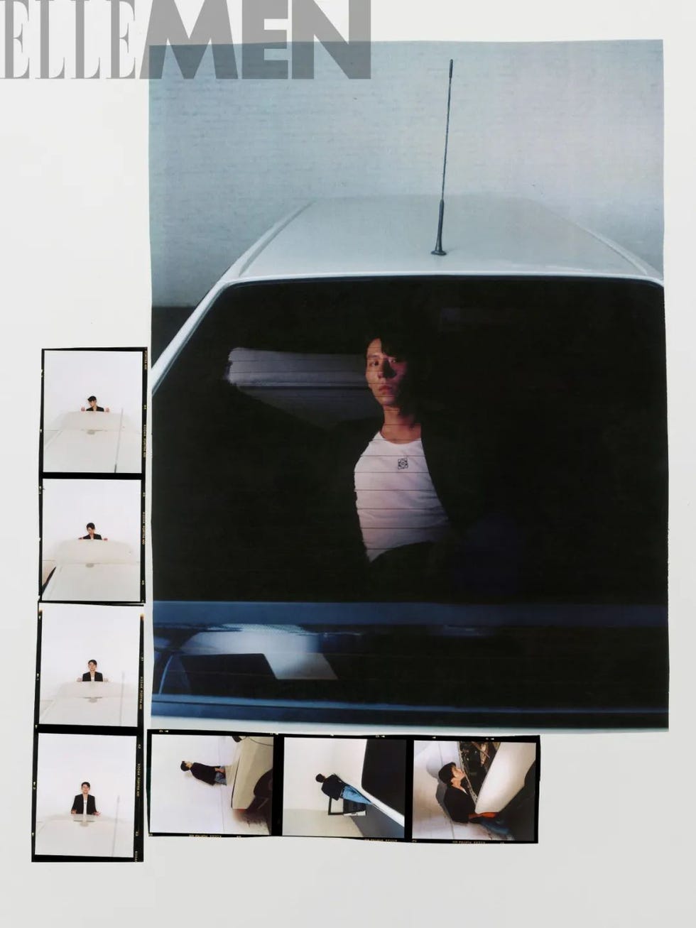a composition featuring a seated figure in a car along with multiple smaller images surrounding it