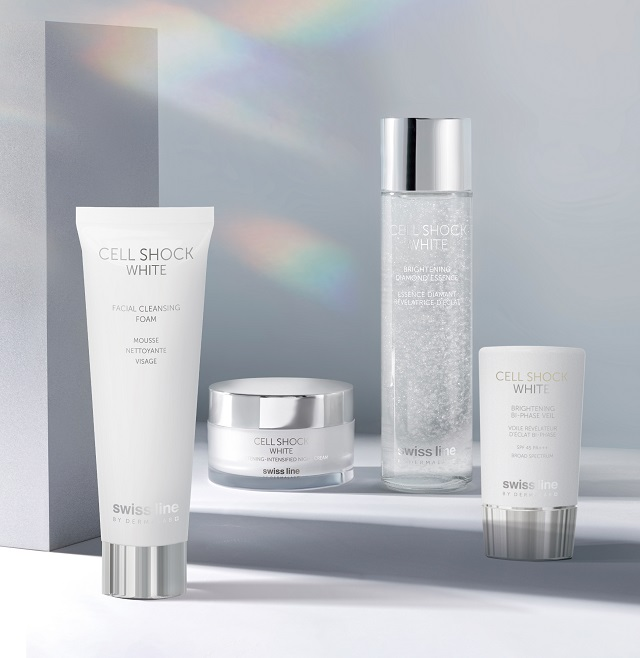 collection of skincare products from the cell shock white line