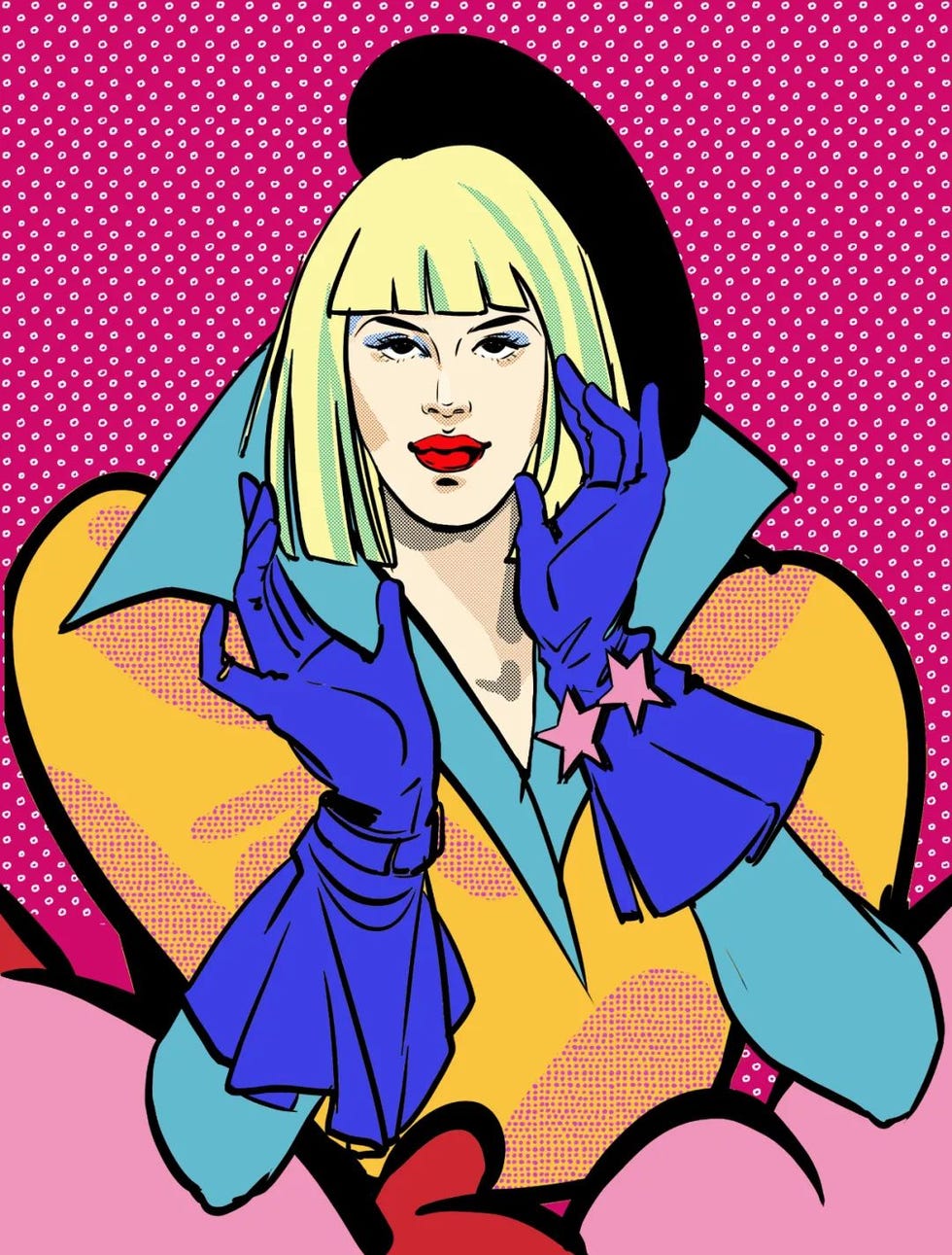 illustration of a figure in vibrant clothing with striking colors