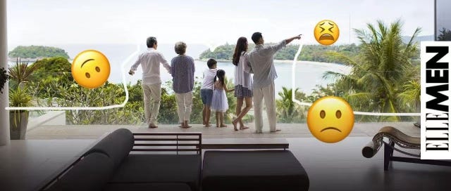 family overlooking a scenic view with various emotions represented by emojis