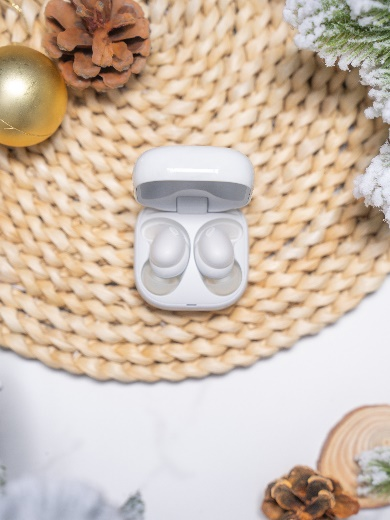 wireless earbuds resting in their charging case on a textured mat