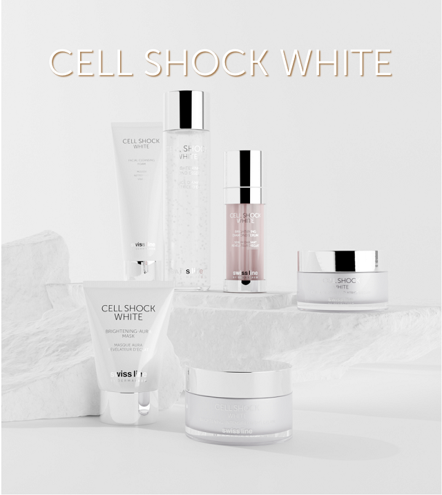 skincare product display featuring cell shock white line