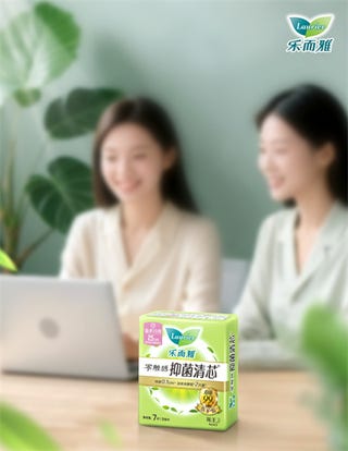 two individuals seated at a desk with a laptop and a product box in focus