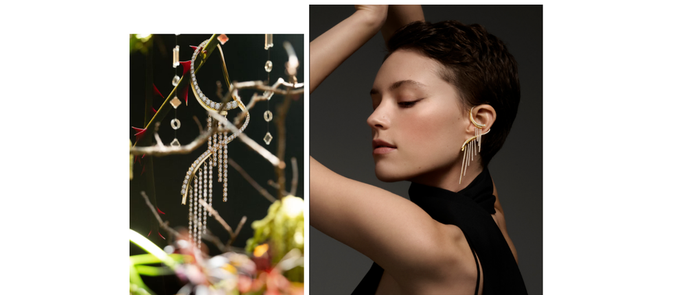 jewelry display featuring earrings in a natural and a styled setting