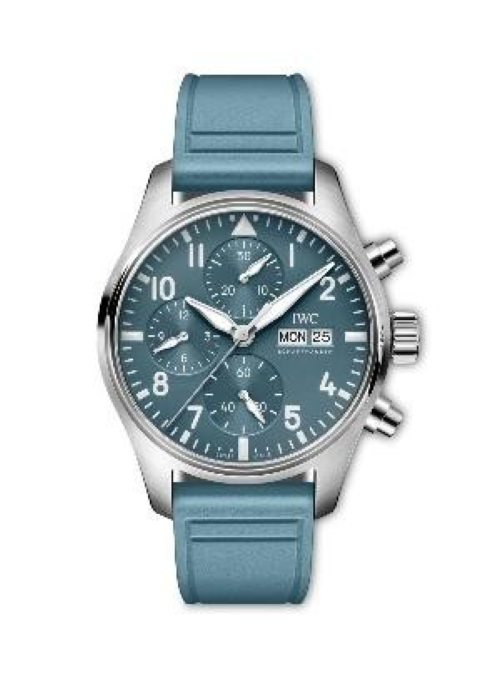 chronograph watch with a blue dial and rubber strap