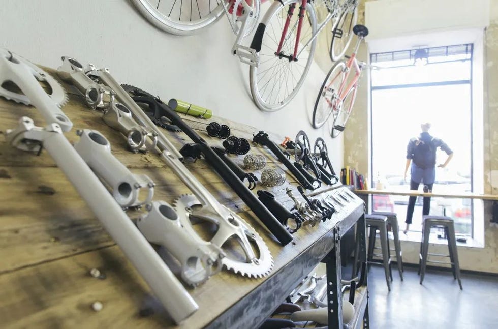 display of bicycle parts and accessories in a shop