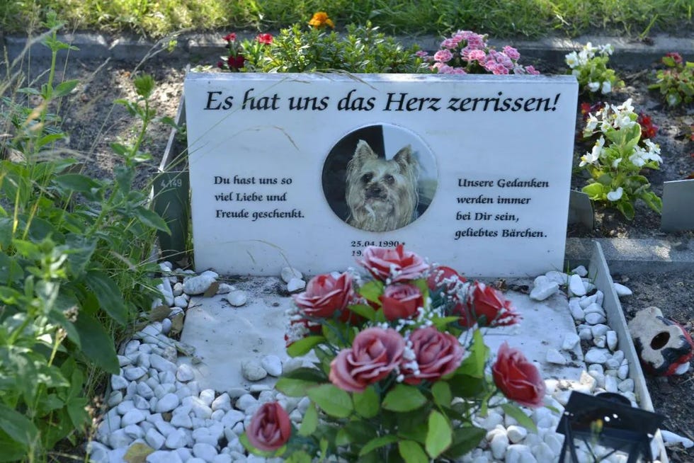 a grave stone with flowers and a sign